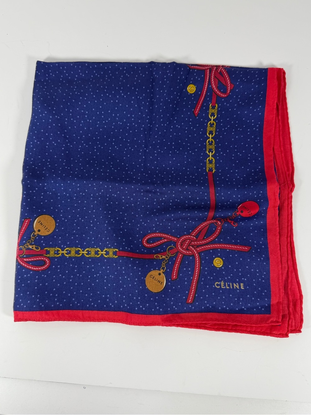 Vintage Celine Paris Chain Bow Charm Handkerchief Scarf Blue Red